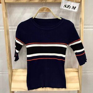 Navy Blue Stripe Ribbed Knit 3/4 Sleeve Top White Orange Accent 🧡